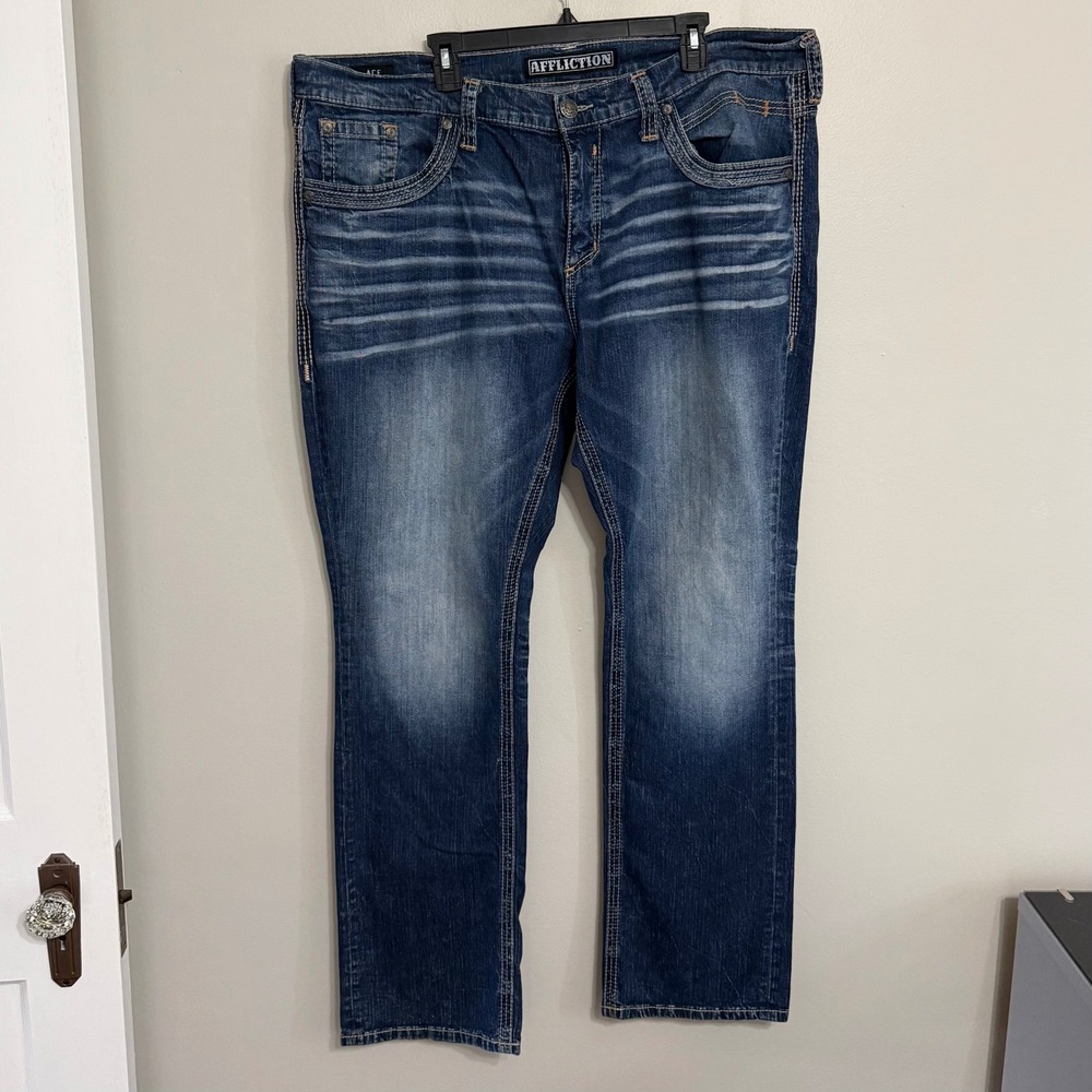 Affliction Mens 42x34 Ace Embroidered Straight Leg Denim Blue Jeans - Picture 2 of 12